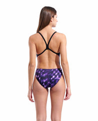 Black and purple Arena women's Wave Challenge back swimsuit with sleek design and supportive straps, suitable for competitive swimming.