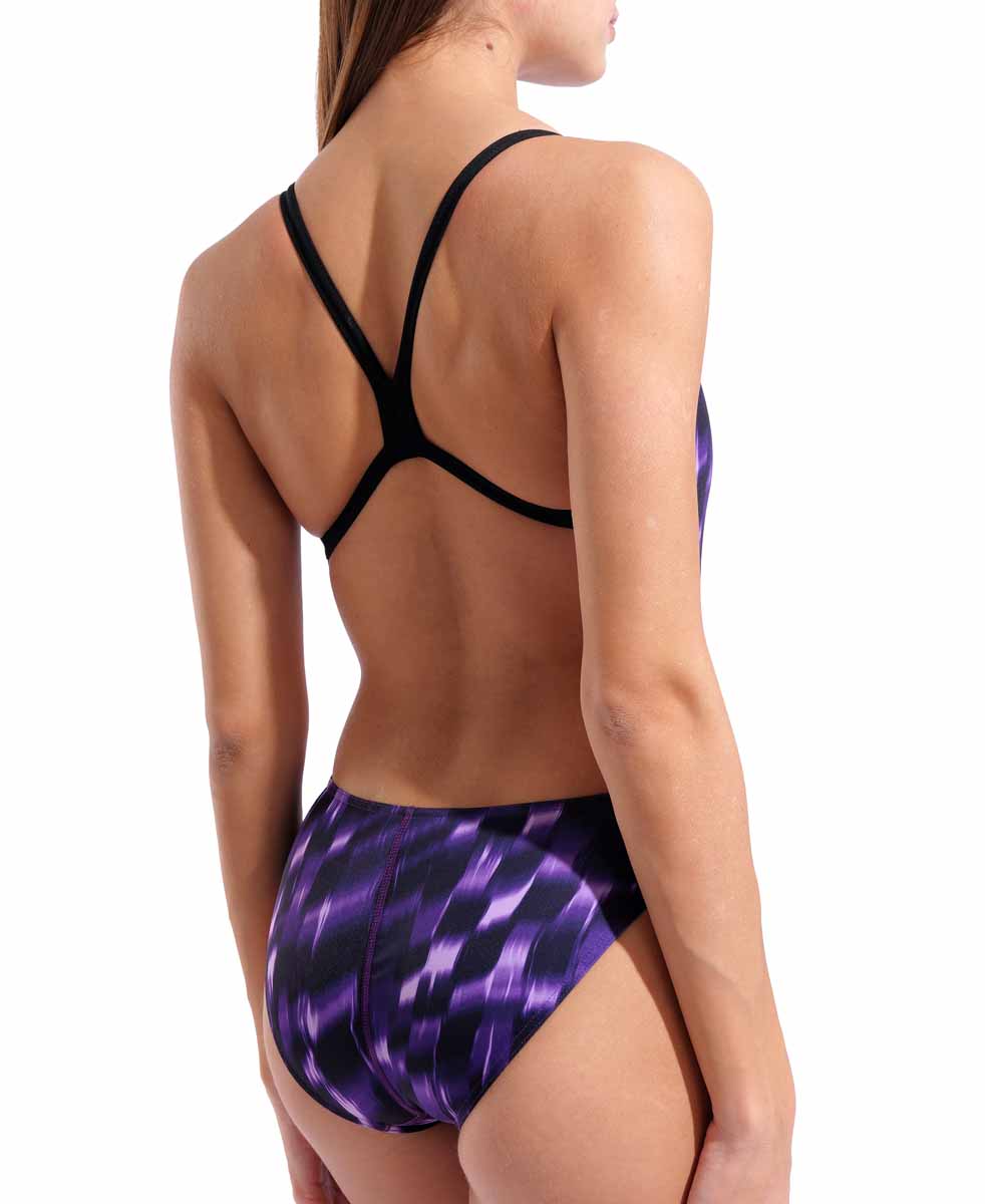 Black and purple Arena women's Wave Challenge back swimsuit with sleek design and supportive fit, ideal for competitive swimming.