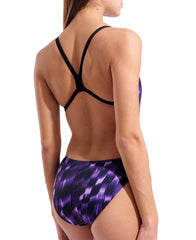 Black and purple Arena women's Wave Challenge back swimsuit with sleek design and supportive fit, ideal for competitive swimming.