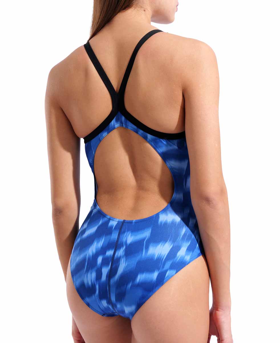 Arena women's Wave Lightdrop back swimsuit in black and team royal with sleek, athletic design and supportive fit.