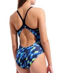 Arena Women's Wave Lightdrop Back Aqua Gleam Swimsuit in black and multi, featuring a sleek design and vibrant color accents.