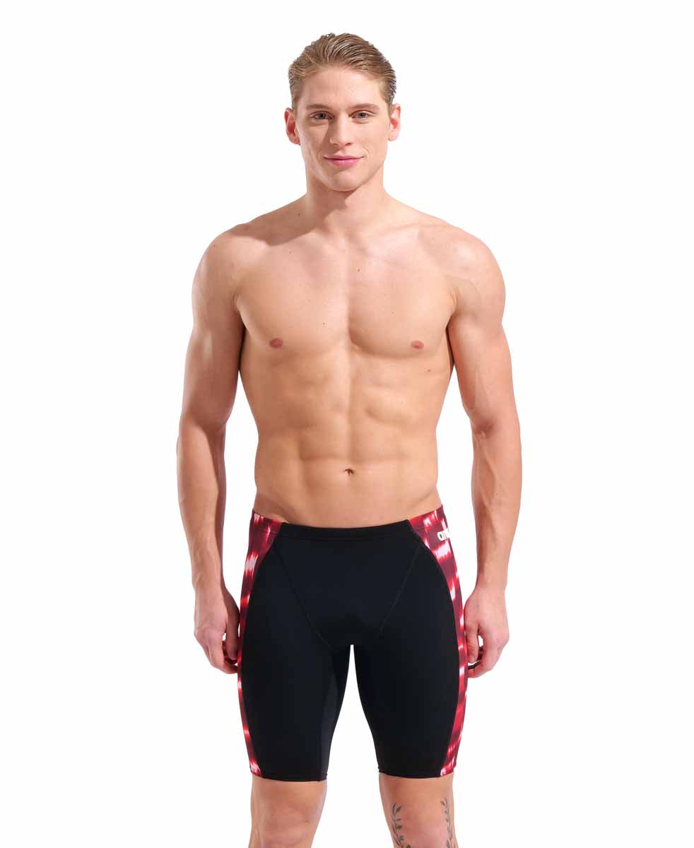 Black and red Arena men's Wave swim jammer, shown with a sleek fit and elastic waistband for competitive swimming.