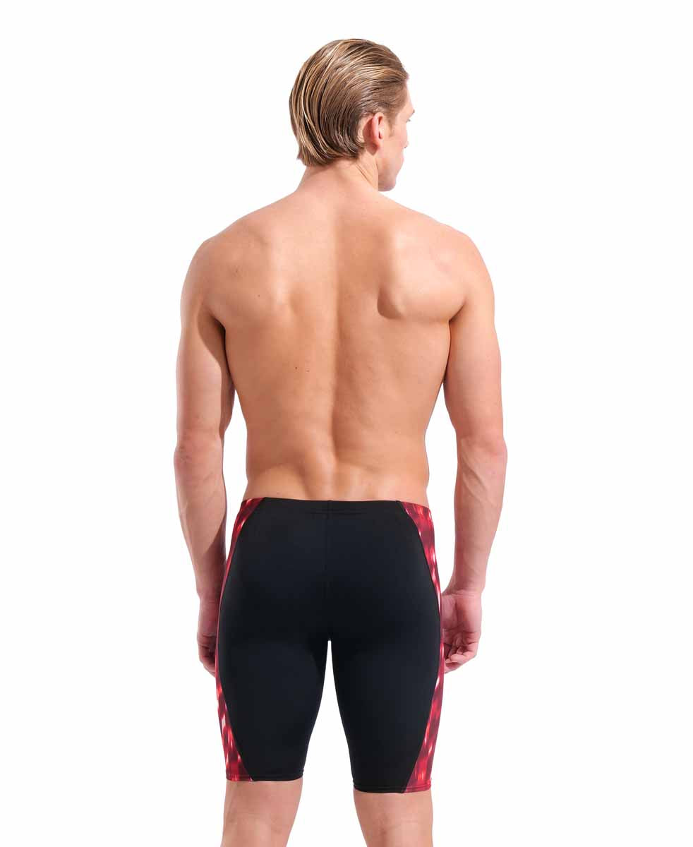 Black and red Arena men's Wave swim jammer, snug fit with the Arena logo, designed for competitive swimming.
