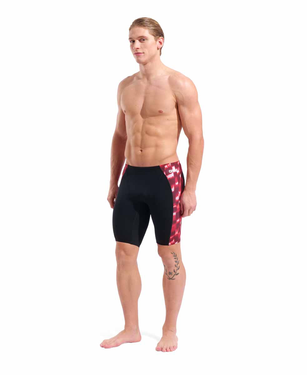 Arena men's Wave swim jammer in black with red accents, designed for competitive swimming and training.