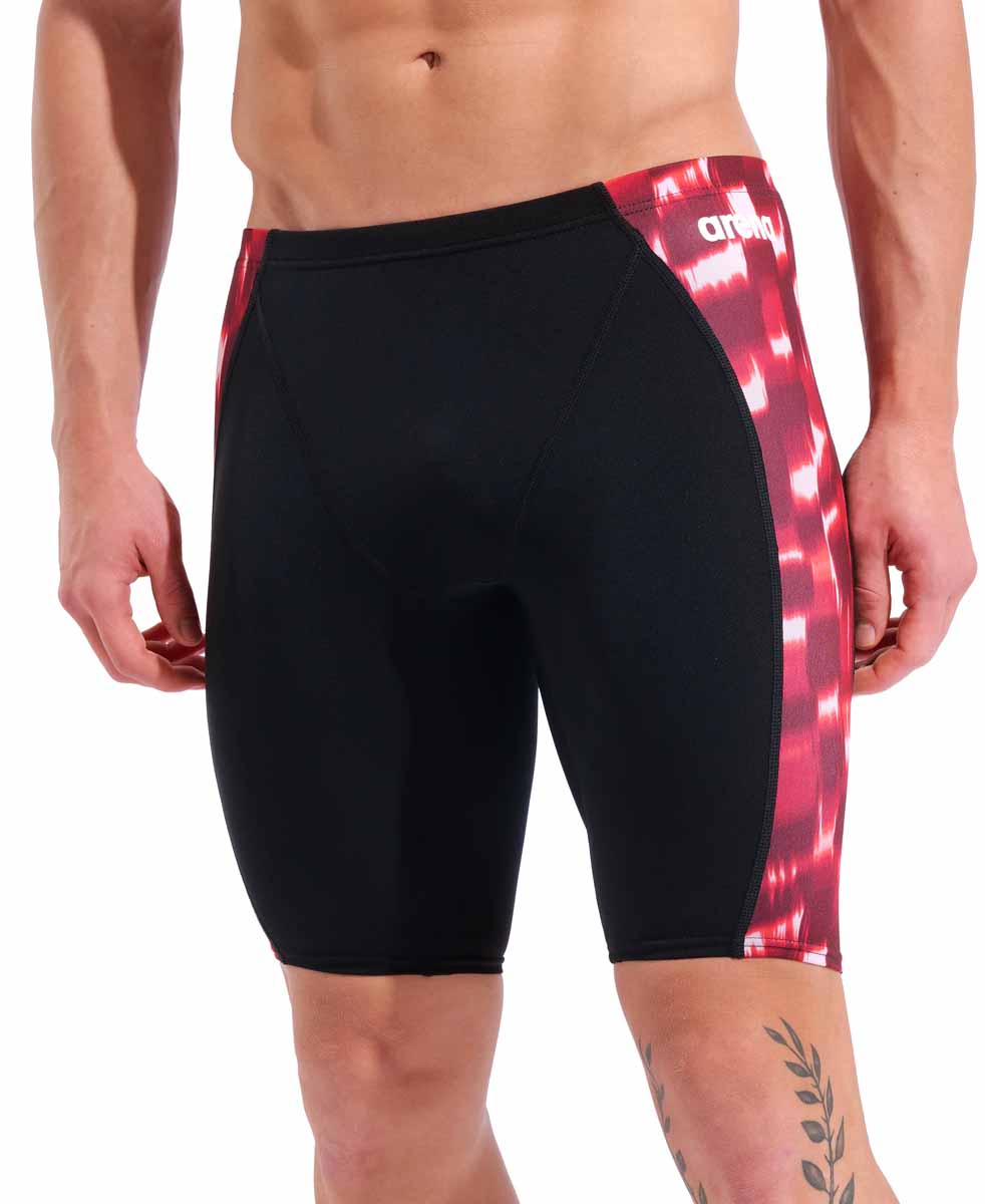 Arena men's Wave swim jammer in black with red accents, featuring a sleek, tight-fitting design for competitive swimming.