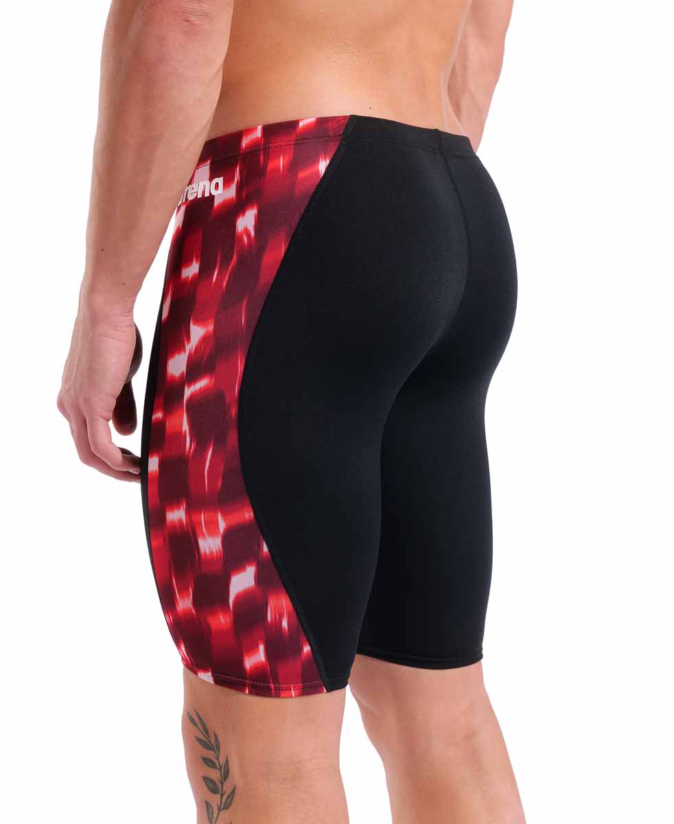Black and red Arena men's Wave swim jammer, fitted swimwear with a sleek design, perfect for competitive swimming.