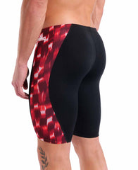 Black and red Arena men's Wave swim jammer, fitted swimwear with a sleek design, perfect for competitive swimming.