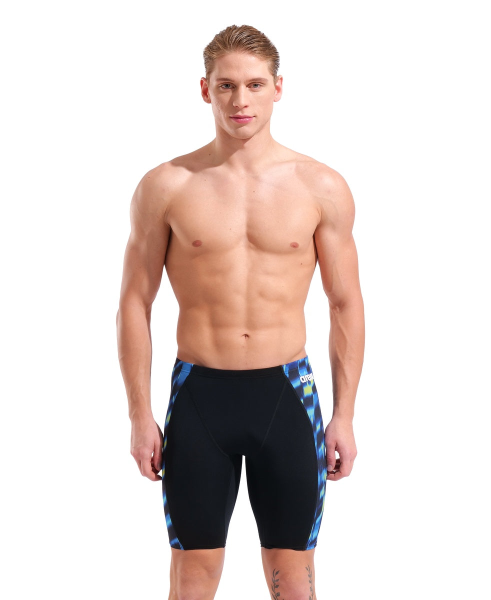 Arena men's Wave Aqua Gleam swim jammer in black and multi-color design, featuring a sleek, form-fitting athletic style.