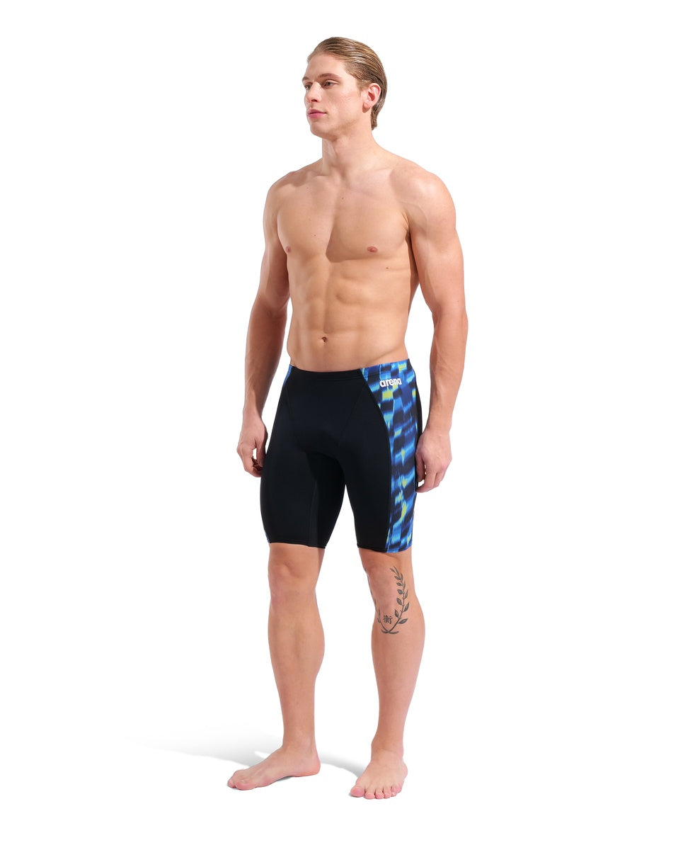 Arena men's Wave Aqua Gleam swim jammer in black and multi-color design, featuring a sleek, form-fitting athletic swimwear style.