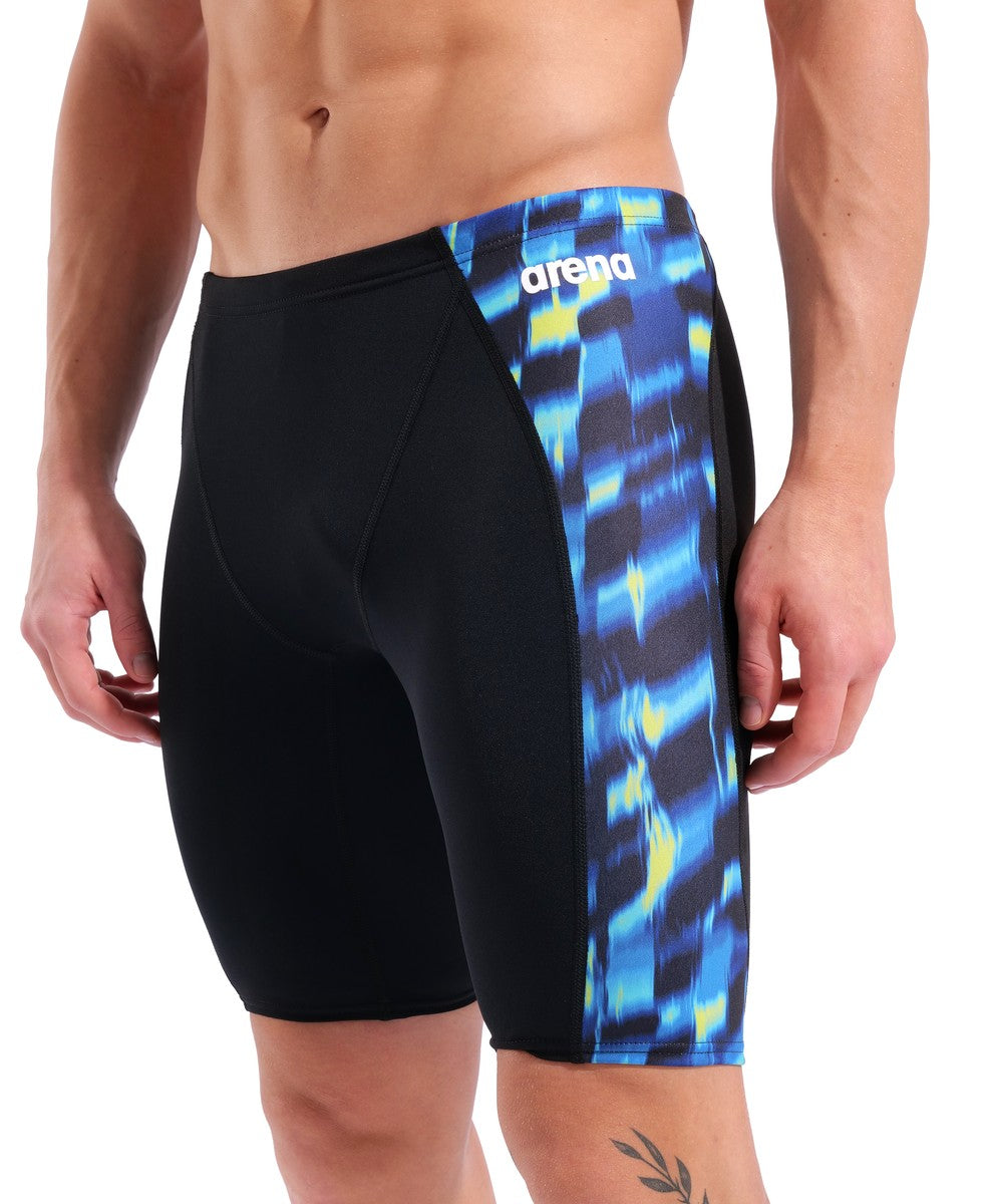 Arena men's Wave Aqua Gleam limited edition swim jammer in black and multi-color design, featuring a sleek, athletic fit.