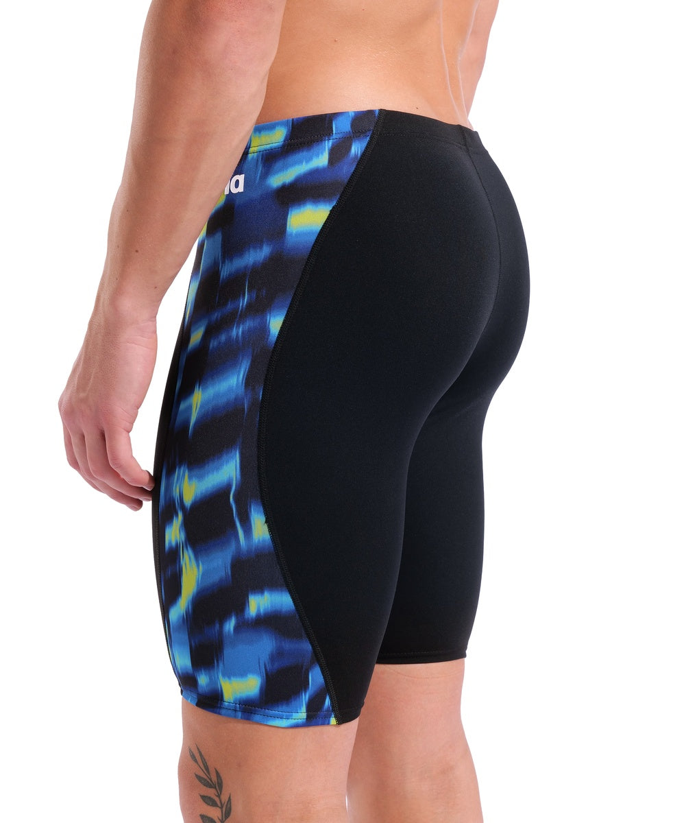 Arena men's Wave Aqua Gleam swim jammer in black and multi-color design, featuring a sleek, fitted swimwear style for competitive swimming.
