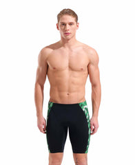 Black and green Arena men's Wave swim jammer, close-up view showing sleek, fitted swimwear for competitive swimming.