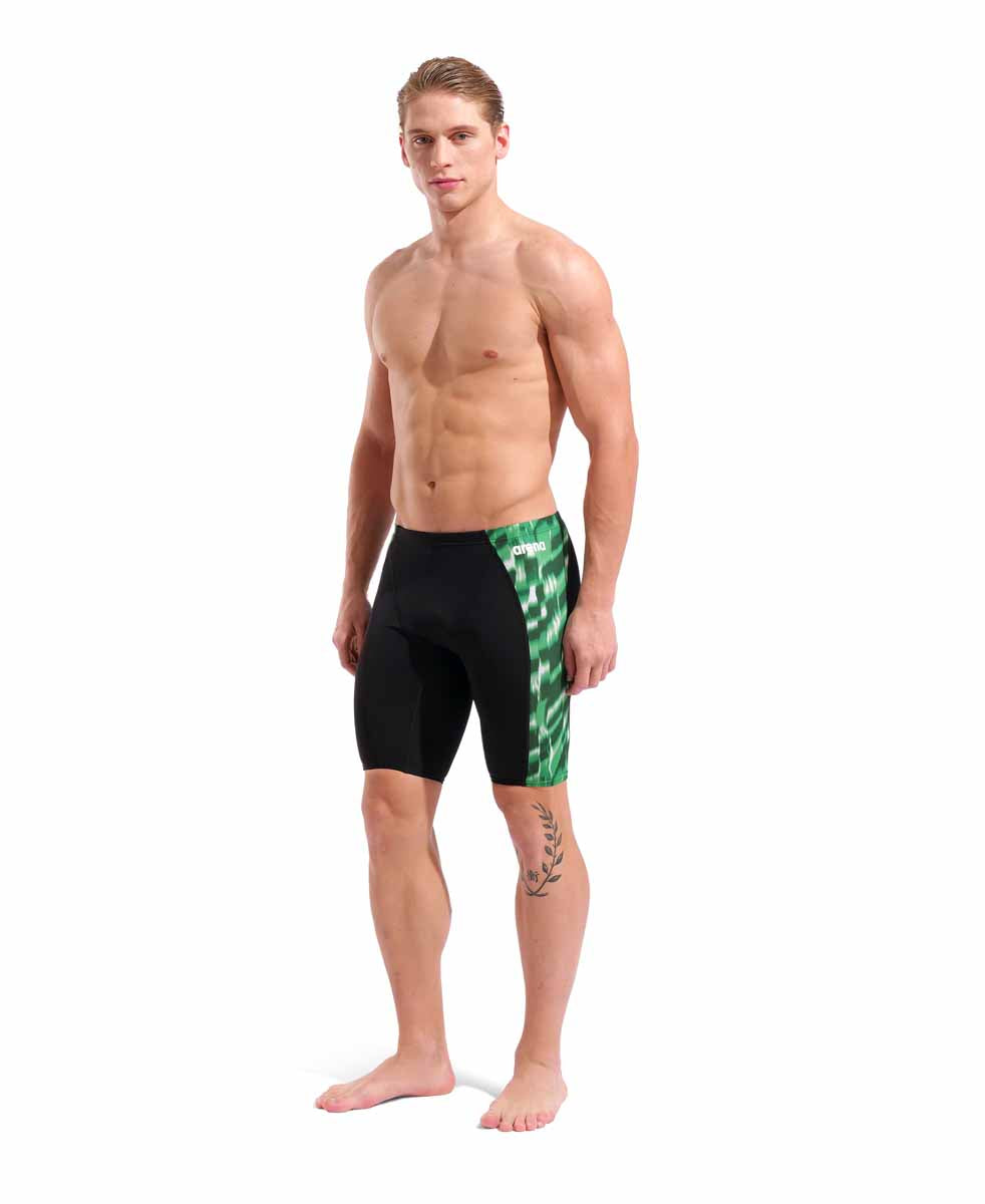 Black and green Arena men's Wave swim jammer with a streamlined fit, designed for competitive swimming.