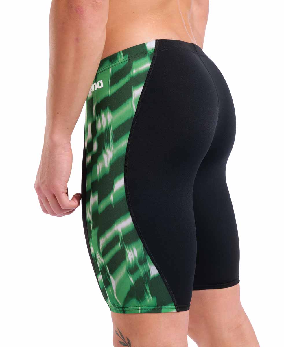 Black and green Arena men's Wave swim jammer showing the fitted design and branding on the side.