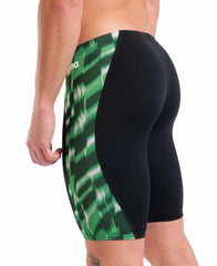 Black and green Arena men's Wave swim jammer showing the fitted design and branding on the side.