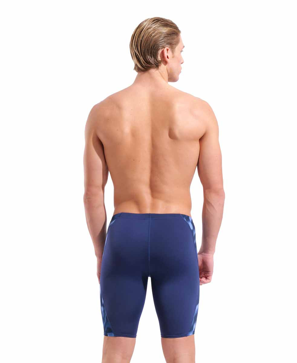Arena men's Wave swim jammer in navy and team navy, close-up of sleek, fitted swimwear designed for competitive swimming.