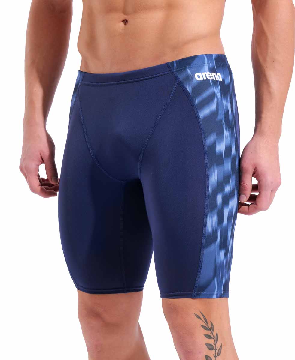 Arena men's Wave swim jammer in navy, featuring sleek, fitted design with elastic waistband and logo detail on the side.