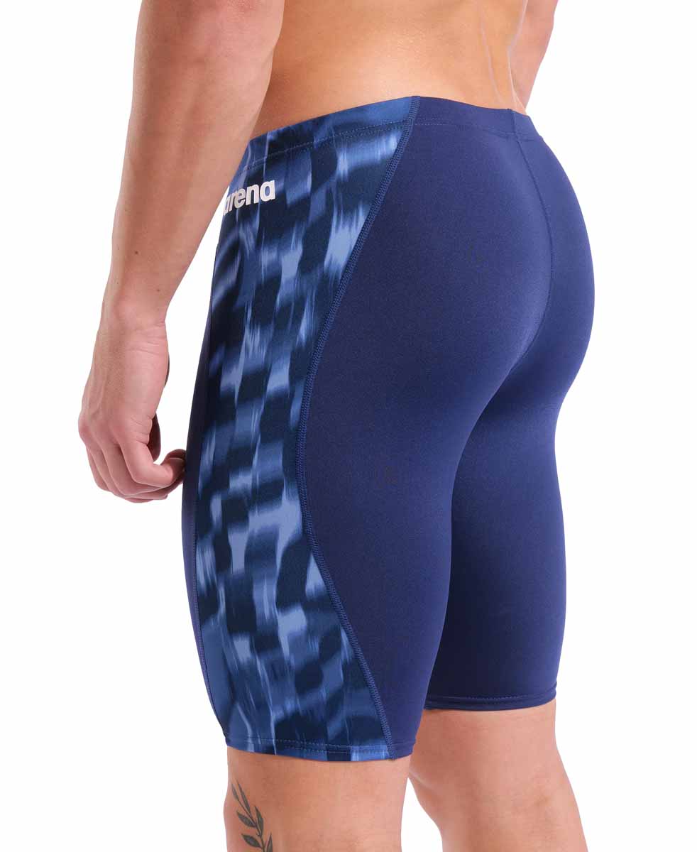 Arena men's Wave swim jammer in navy blue, featuring a sleek fit and sporty design for competitive swimming.
