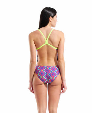 Arena women's floral challenge back swimsuit in violet multi and Arctic lime with a colorful floral pattern and sporty back design.