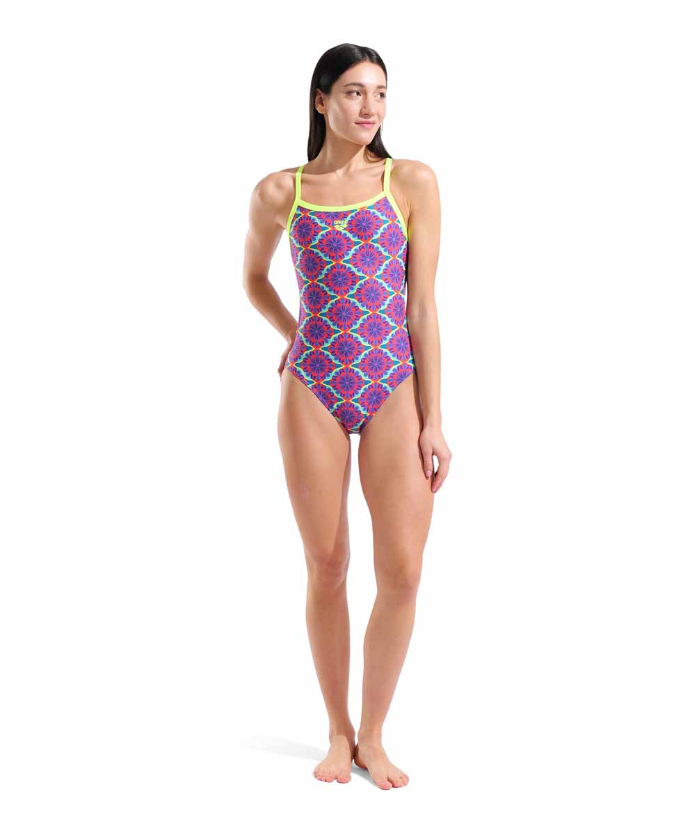 Arena women's floral challenge back swimsuit in violet multi and Arctic lime, with a colorful pattern and sporty design.