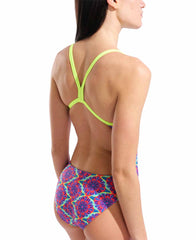 Arena women's floral challenge back swimsuit in violet multi and Arctic lime, featuring a vibrant swimwear design with floral pattern.