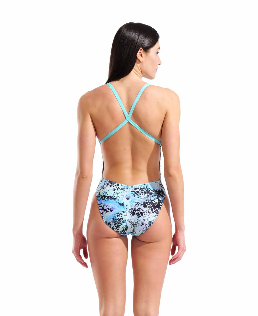 Arena women's Earth View X criss-cross back swimsuit in water multi-color, featuring a stylish design and supportive fit.
