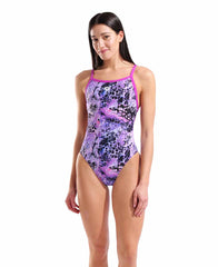 Arena women's Earth View X criss cross back swimsuit in pink multi and very fuchsia, shown from the front with a stylish design.