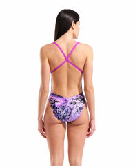 Arena women's Earth View X criss cross back swimsuit in pink multi and very fuchsia, showing the stylish swimsuit design.
