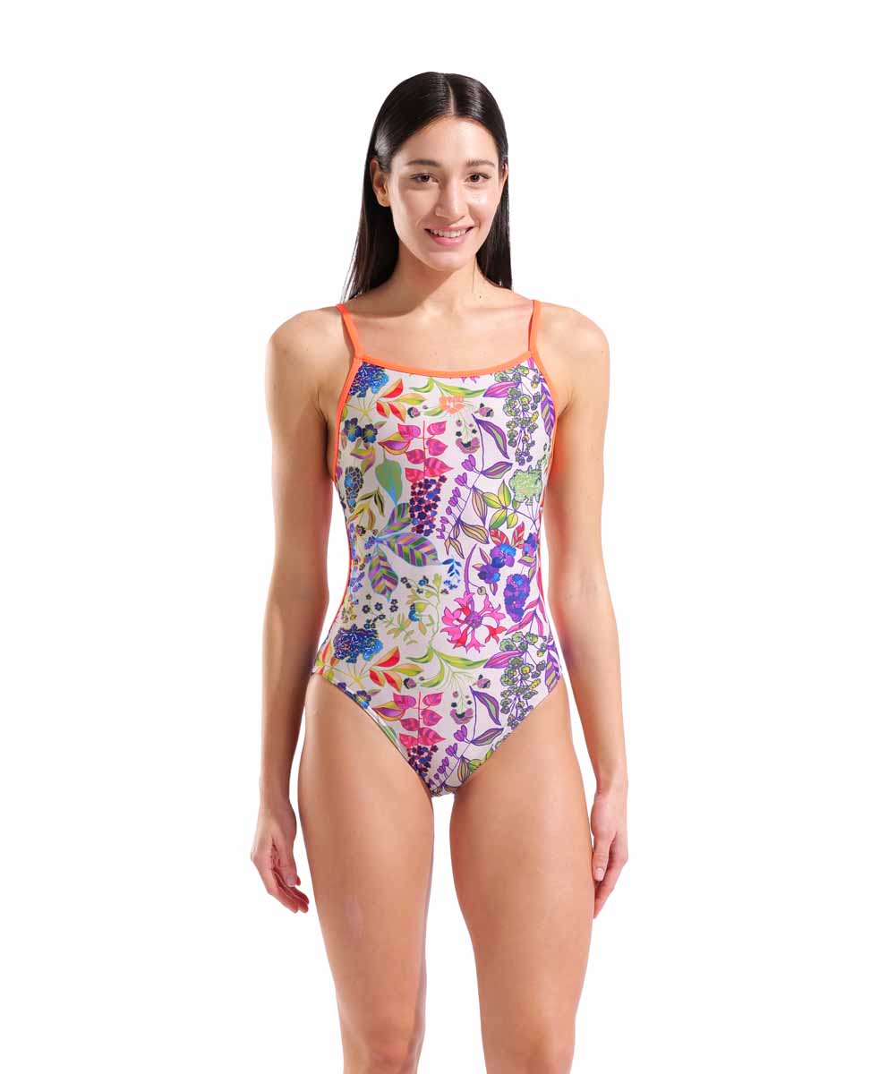 Arena women's painting lace-back swimsuit in bright coral and multi-color, featuring a stylish lace-back design for swimming and beachwear.