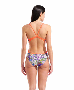 Arena women's painting lace back swimsuit in bright coral, featuring a colorful, stylish design and comfortable fit.