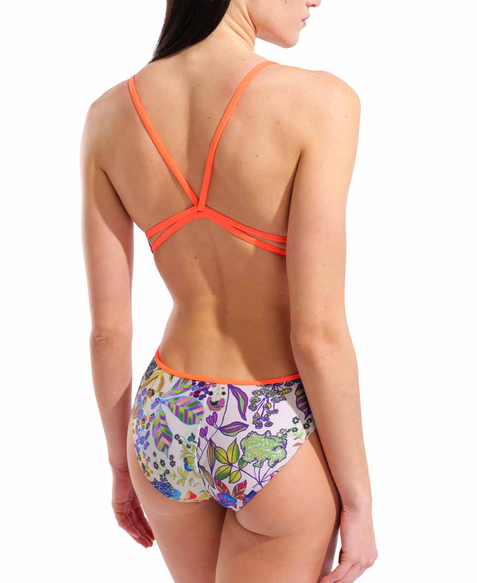 Arena women's painting lace back swimsuit in bright coral and multi colors, featuring a stylish lace back design.