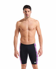 Arena men's floral swim jammer in black with water-themed multicolor pattern, designed for competitive swimming.