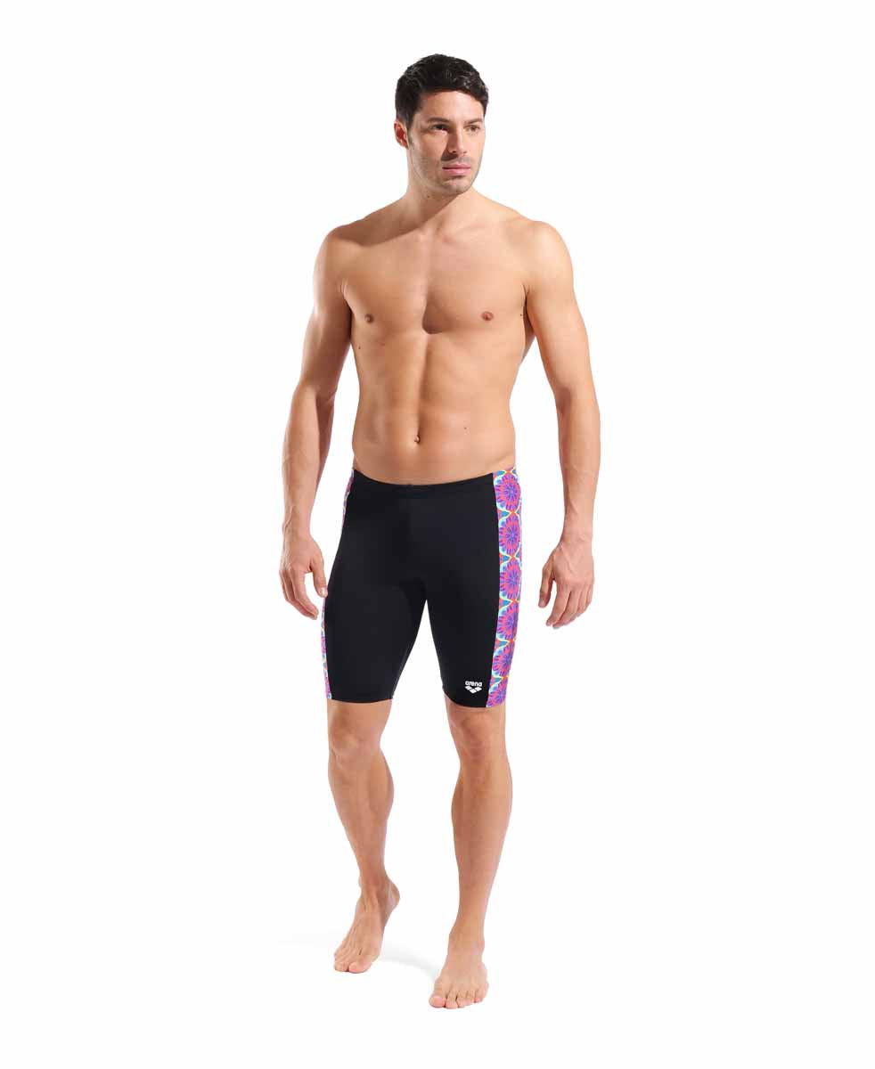 Arena men's floral swim jammer in black and water multi with vibrant floral pattern, designed for competitive and leisure swimming.