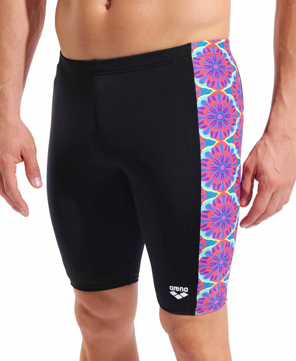 Arena men's floral swim jammer in black with water-themed multicolor floral pattern, designed for competitive swimming.