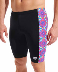 Arena men's floral swim jammer in black with water-themed multicolor floral pattern, designed for competitive swimming.