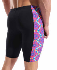 Arena men's floral swim jammer in black and water multi with a vibrant floral pattern, designed for competitive swimming.