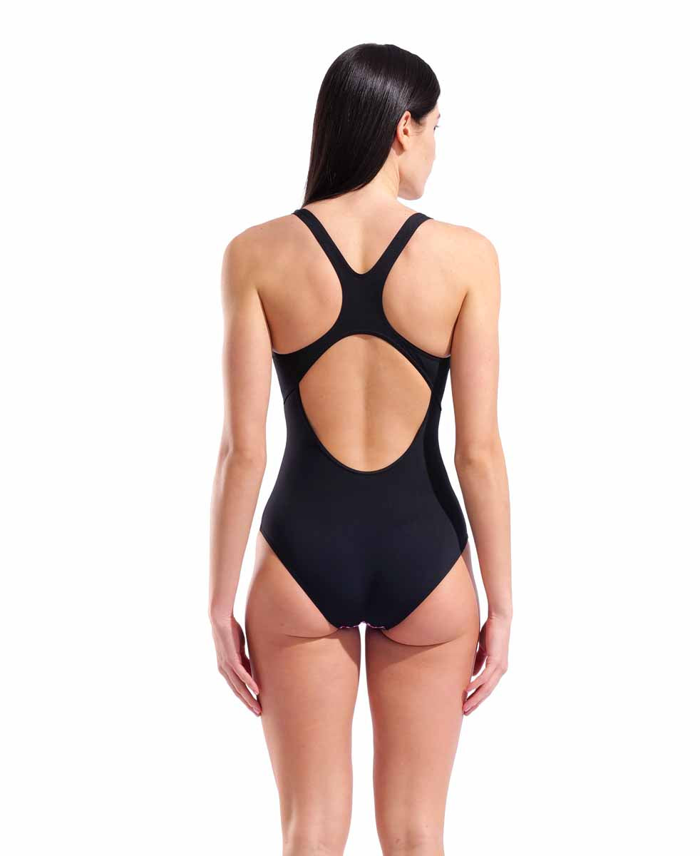Arena women's Peacock Swim Pro Back swimsuit in pink and black, featuring a stylish design and supportive fit.