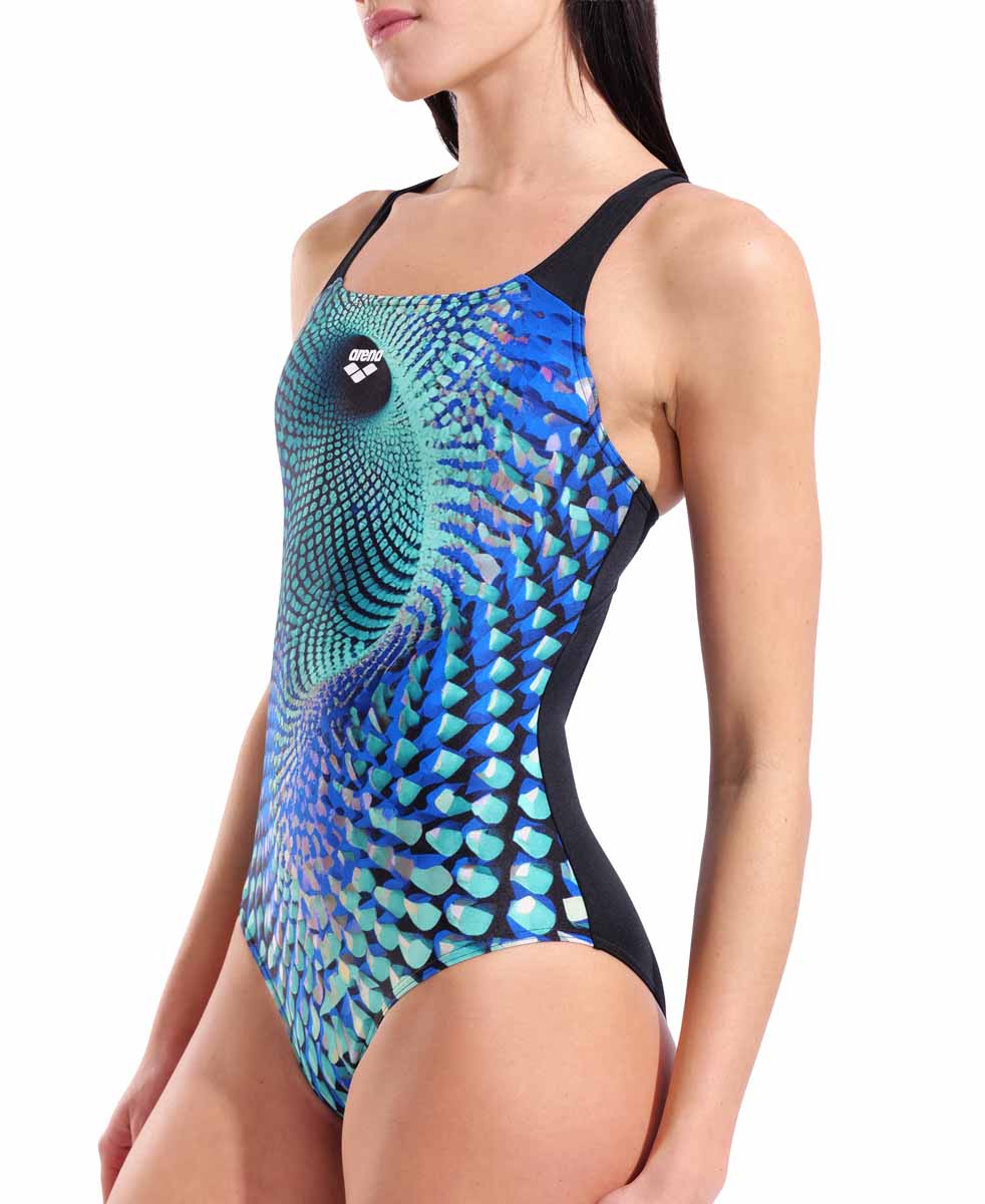 Arena women's Peacock Swim Pro Back swimsuit in multi green and black with a sleek design, perfect for swimming and active wear.