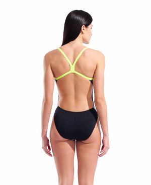 Arena women's Earth Challenge back swimsuit in black with multicolor and Arctic Lime accents, featuring a sporty design and open back.