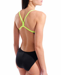 Arena women's Earth Challenge back swimsuit in black, multi-color with Arctic lime accents, showcasing a stylish swimwear design.