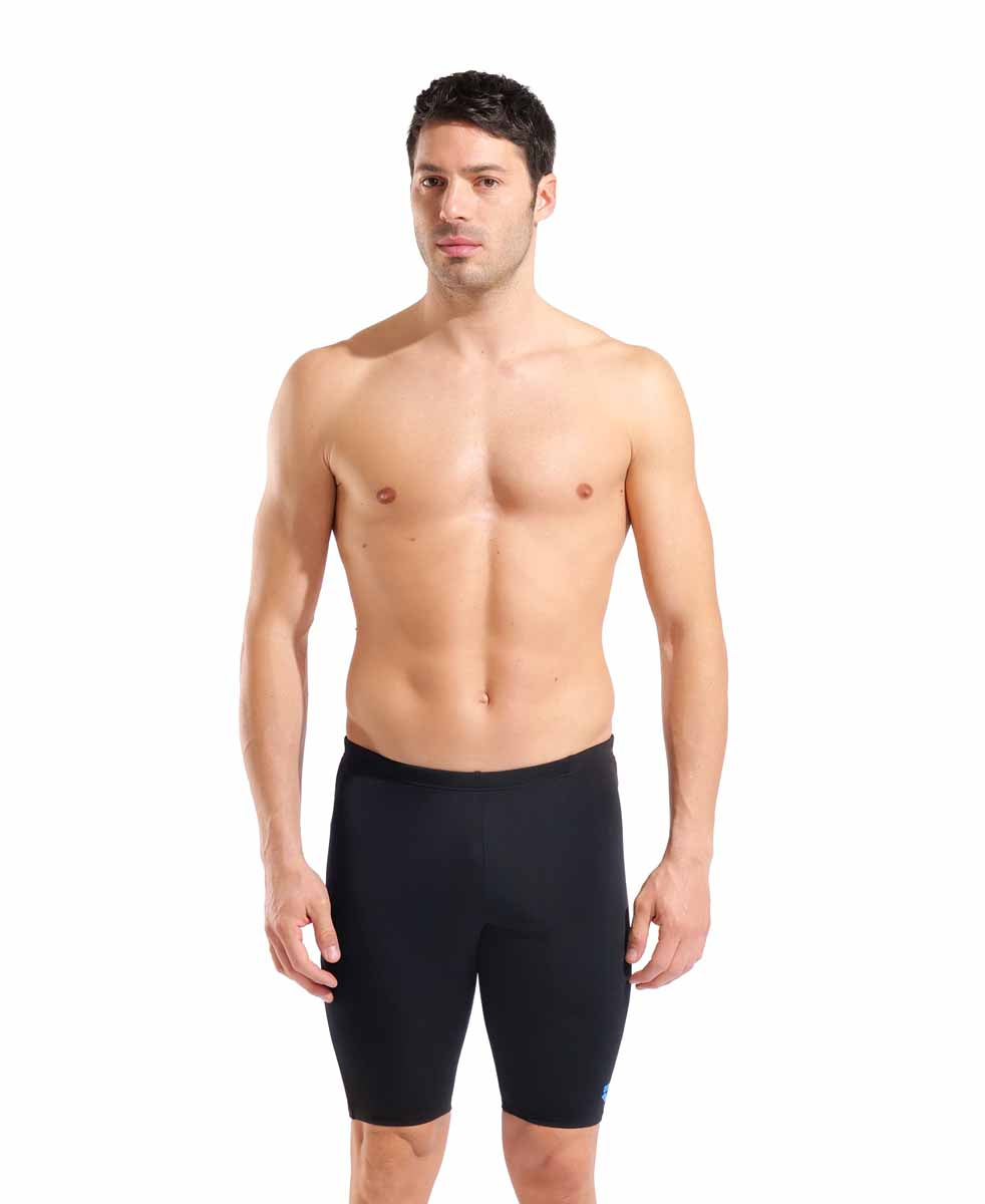 Arena men's black and white swim jammer, fitted athletic swimwear for competitive swimming or training.