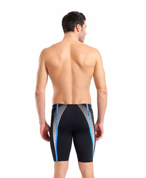 Arena men's black and white swim jammer, tight-fitting athletic swimwear with logo, designed for competitive swimming.