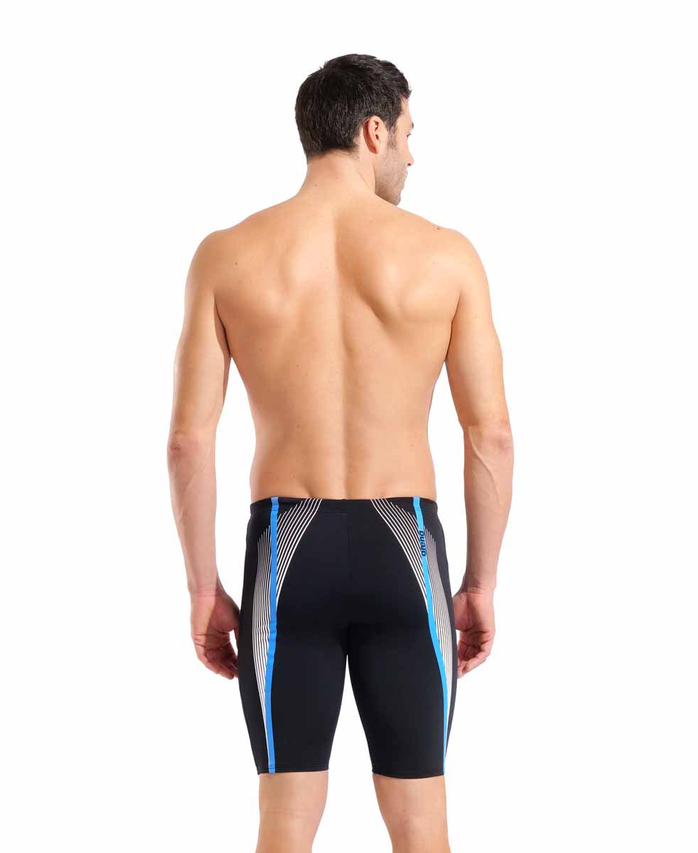 Arena men's black and white swim jammer, tight-fitting athletic swimwear with logo, designed for competitive swimming.