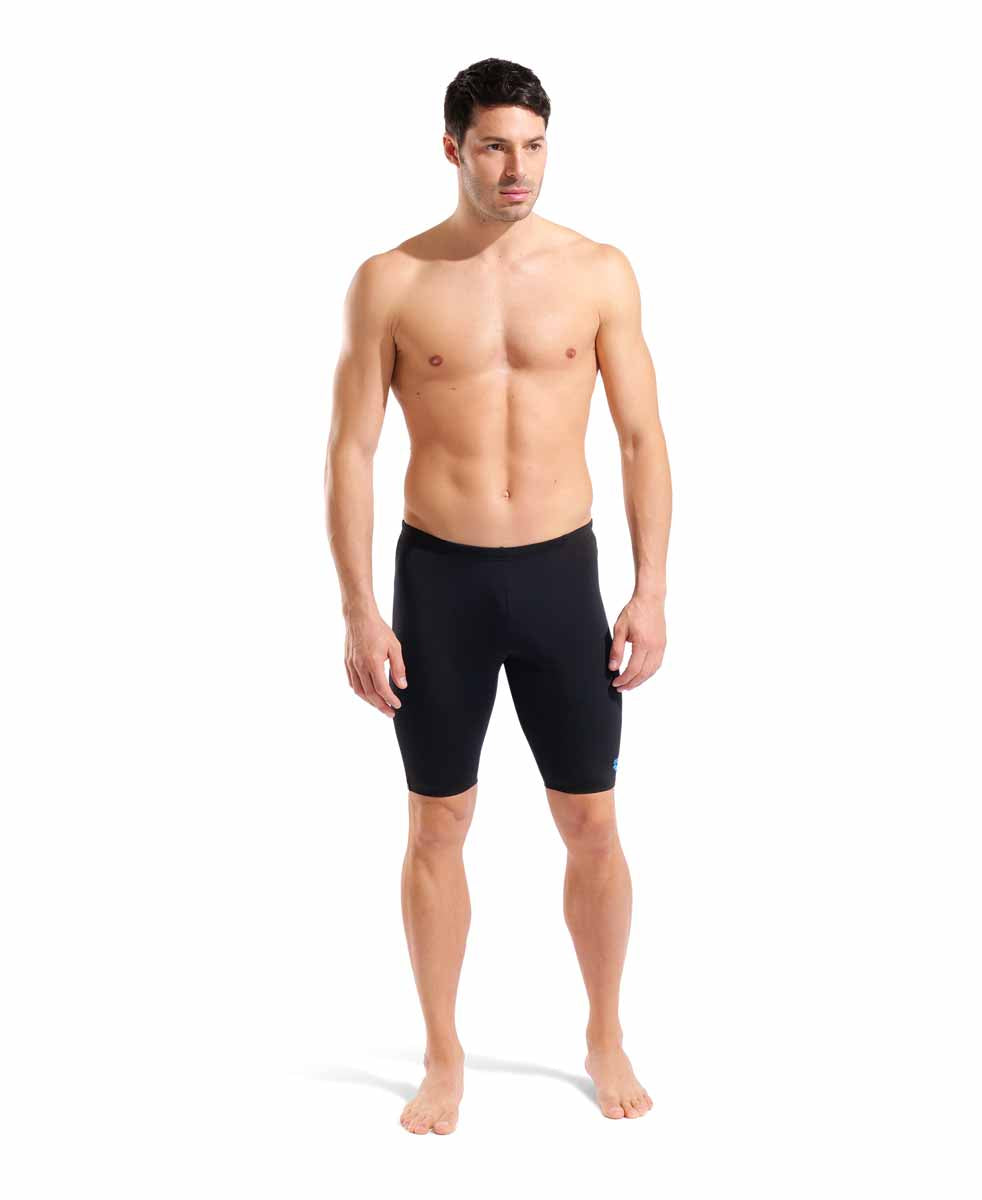 Arena men's black and white swim jammer, made of sleek, form-fitting fabric, designed for competitive swimming.