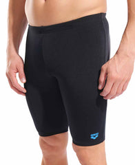 Arena men's black and white swim jammer, form-fitting swimwear designed for competitive swimming, with a sleek, streamlined fit.