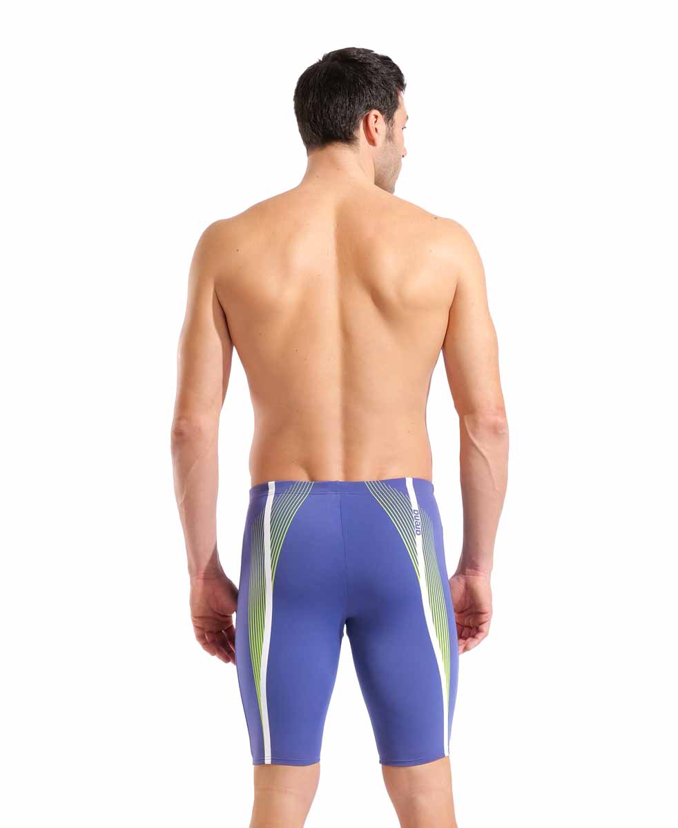 Arena men's Dynamic Swim Jammer in Future Dusk and Arctic Lime, displaying the sleek, fitted swimwear design with brand logo.