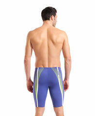 Arena men's Dynamic Swim Jammer in Future Dusk and Arctic Lime, displaying the sleek, fitted swimwear design with brand logo.