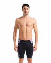 Men's Arena Earth swim jammer in black and black multi, featuring a streamlined fit and durable fabric for competitive swimming.