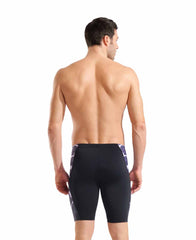 Black and black multi Arena men's Earth swim jammer, close-up view showing the sleek, snug fit and durable fabric for swimming.