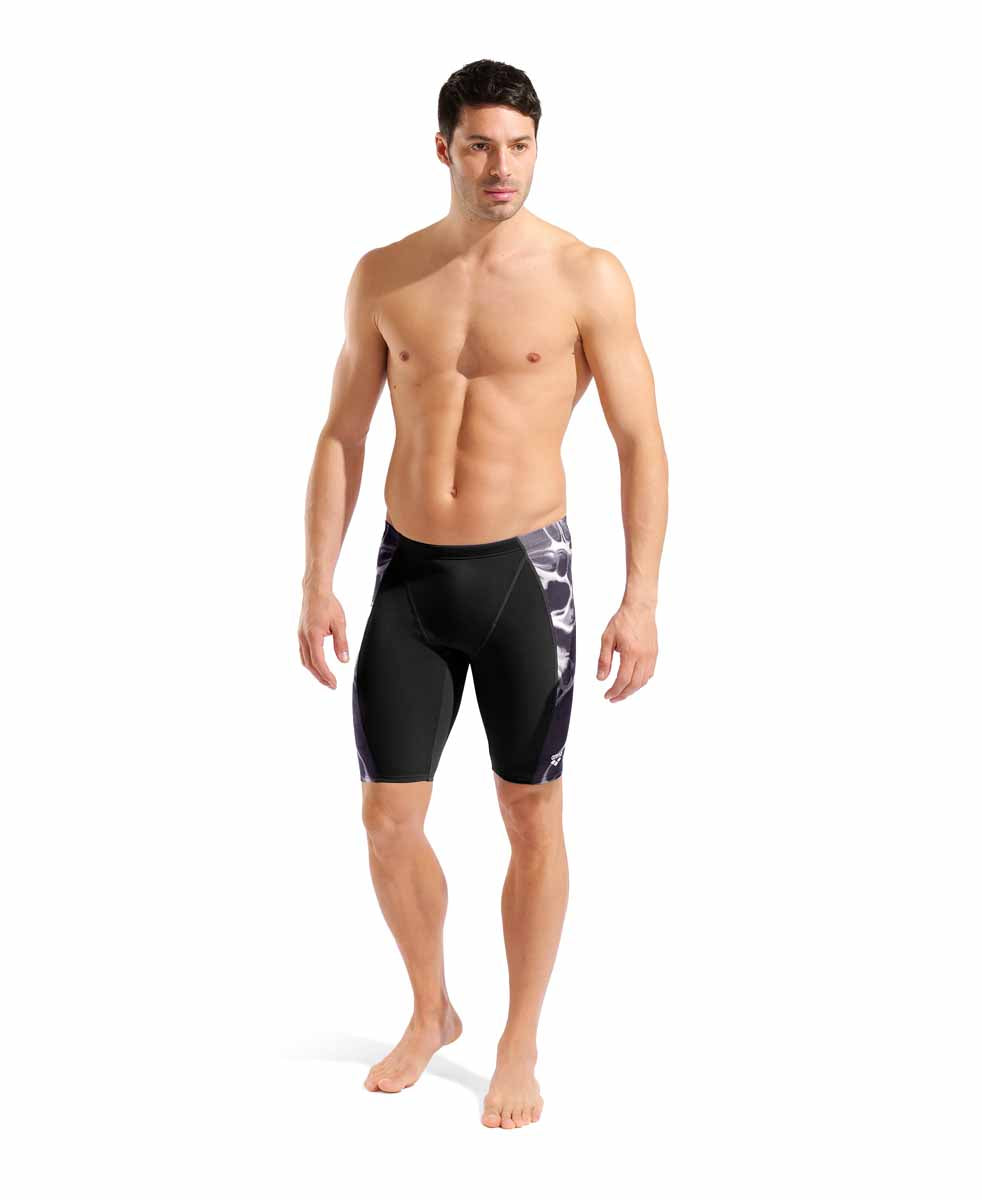 Arena men's Earth swim jammer in black with multi-colored accents, designed for competitive swimming.